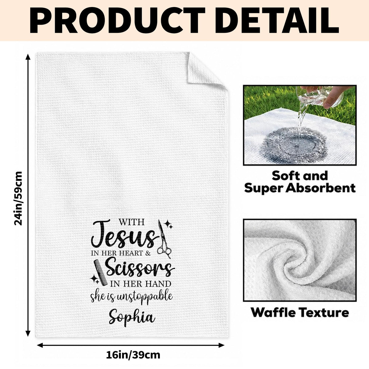 With Jesus In Her Heart And Scissors In Her Hand Unstoppable Stylist - Personalized Kitchen Towel - HAIR253_TOWL