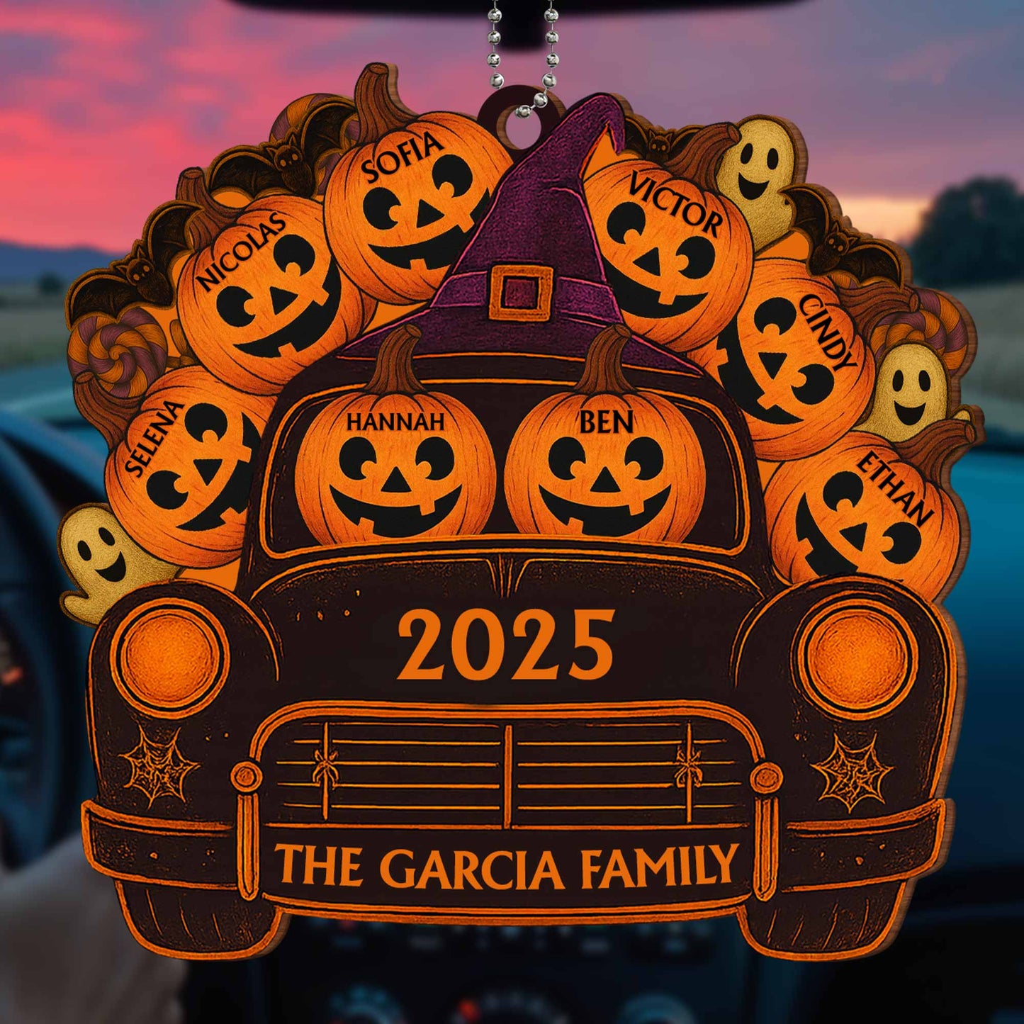 A Spooky Ride With Your Family Names, Pumpkins And Ghosts - Personalized Custom Wood Ornament, Car Hanging Ornament - HALW001_WCA