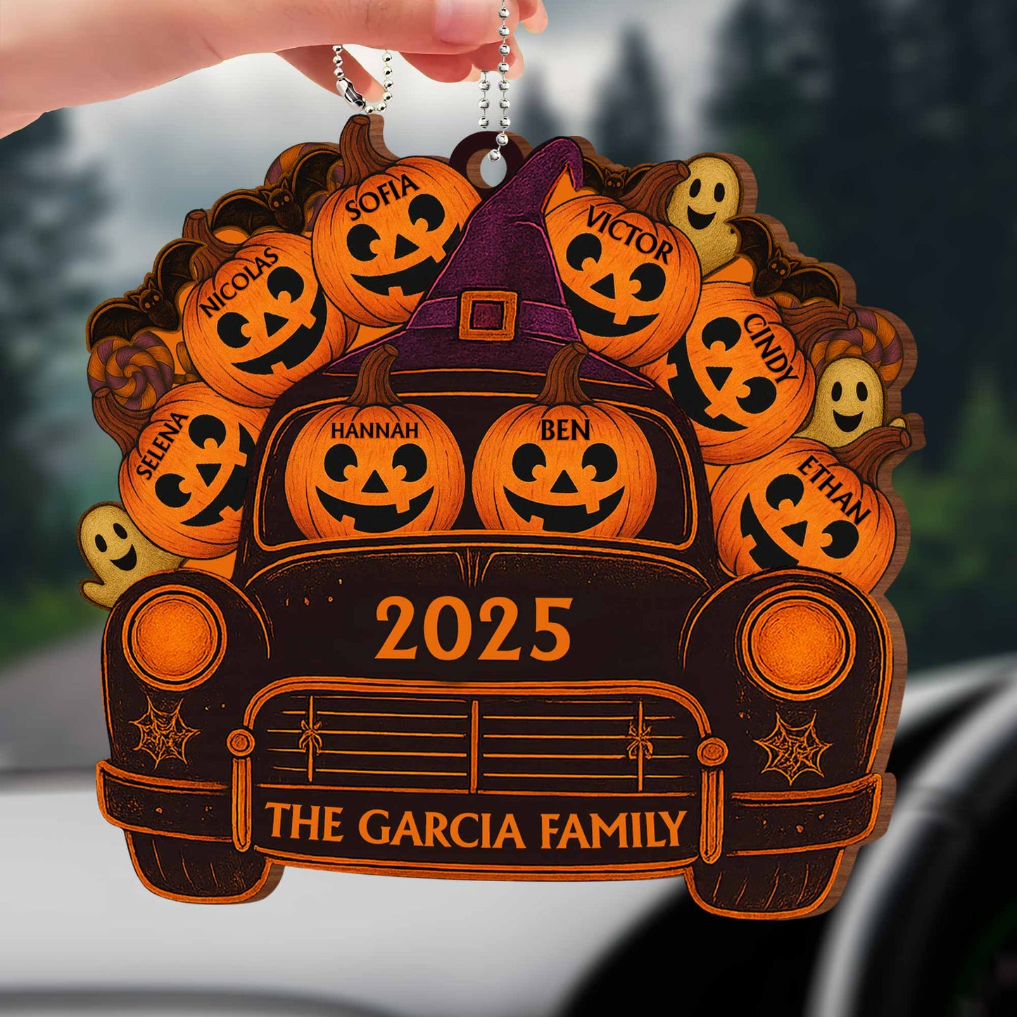 A Spooky Ride With Your Family Names, Pumpkins And Ghosts - Personalized Custom Wood Ornament, Car Hanging Ornament - HALW001_WCA