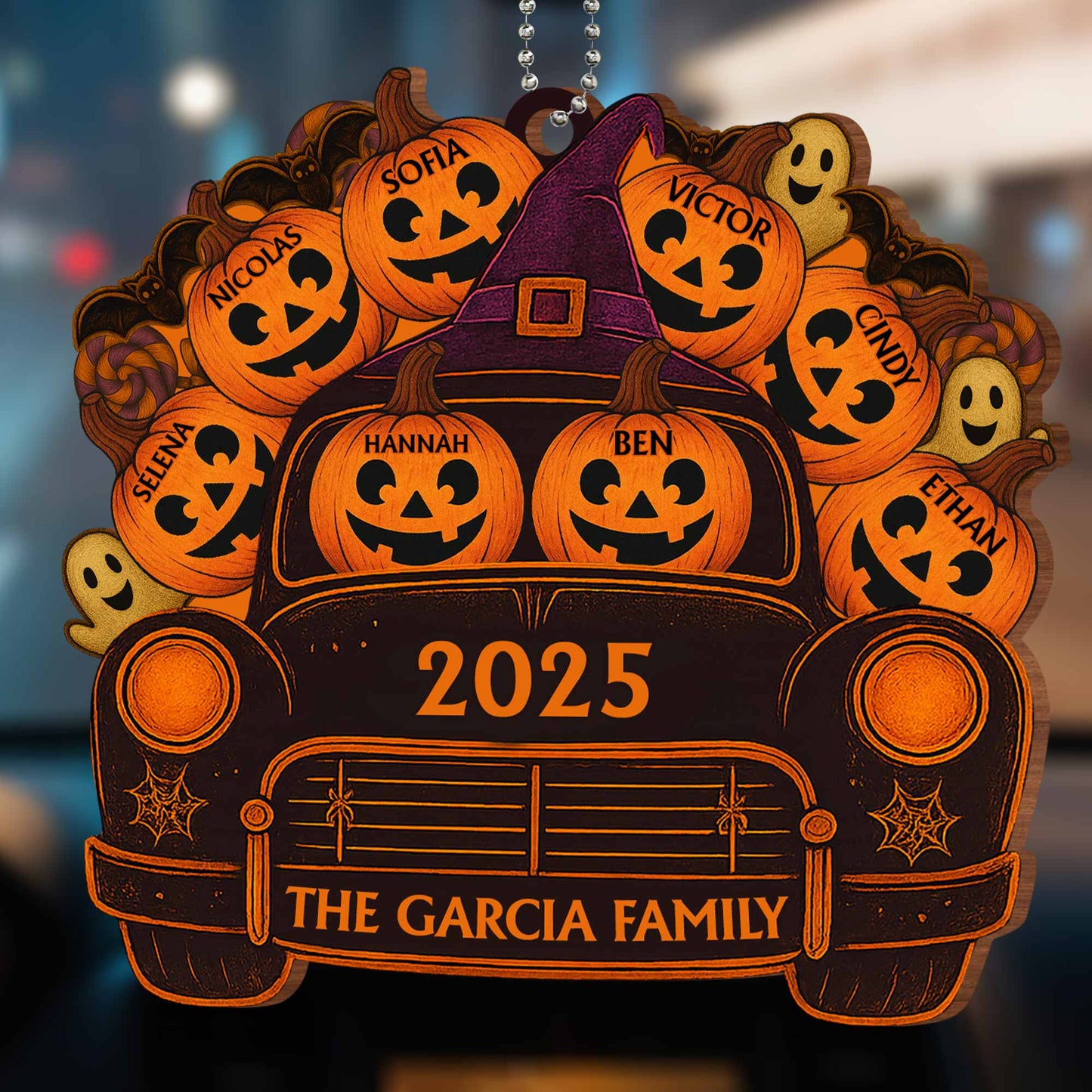 A Spooky Ride With Your Family Names, Pumpkins And Ghosts - Personalized Custom Wood Ornament, Car Hanging Ornament - HALW001_WCA