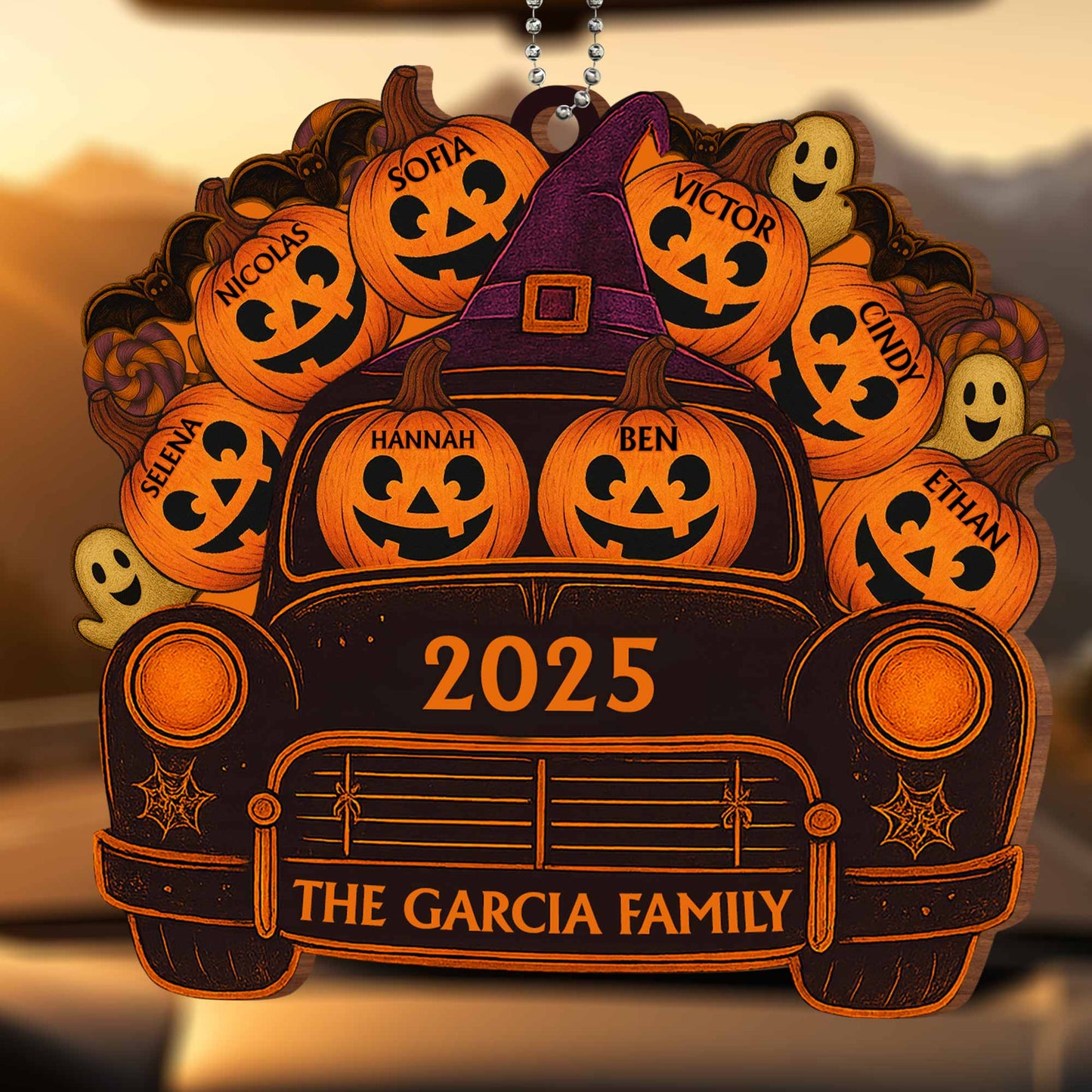 A Spooky Ride With Your Family Names, Pumpkins And Ghosts - Personalized Custom Wood Ornament, Car Hanging Ornament - HALW001_WCA