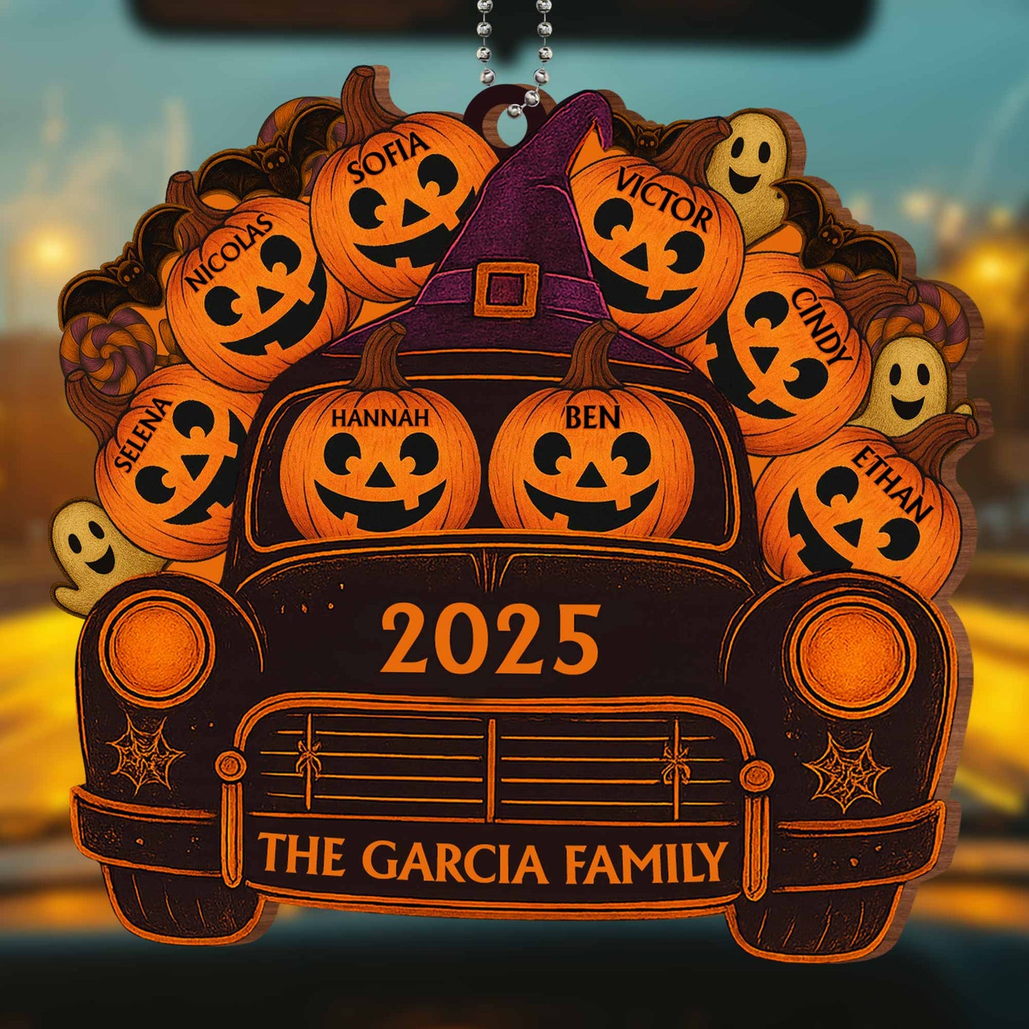 A Spooky Ride With Your Family Names, Pumpkins And Ghosts - Personalized Custom Wood Ornament, Car Hanging Ornament - HALW001_WCA