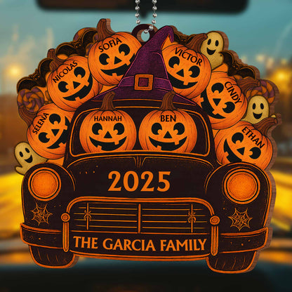 A Spooky Ride With Your Family Names, Pumpkins And Ghosts - Personalized Custom Wood Ornament, Car Hanging Ornament - HALW001_WCA