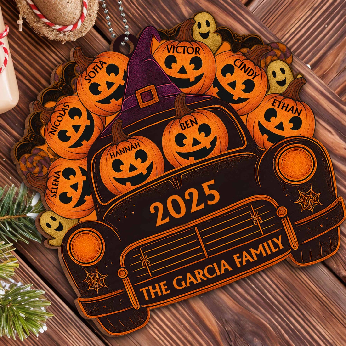 A Spooky Ride With Your Family Names, Pumpkins And Ghosts - Personalized Custom Wood Ornament, Car Hanging Ornament - HALW001_WCA