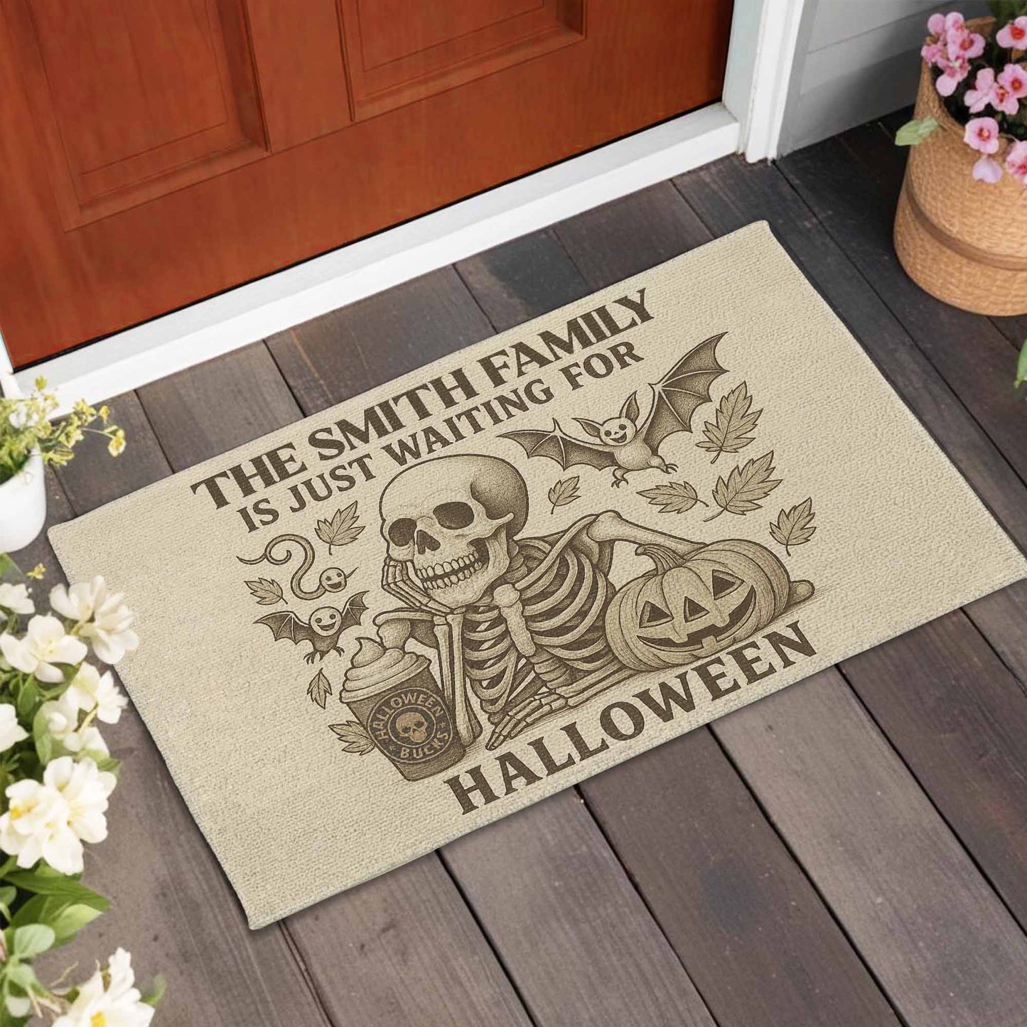 Family Just Waiting For Halloween, Skeleton, Pumpkin, Bat