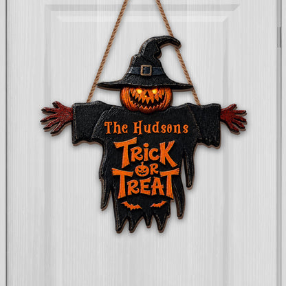 Trick Or Treat Scary Pumpkin Scarecrow With Witch Hat - Personalized Custom Shaped Wood Sign - HALW124_WSIGN