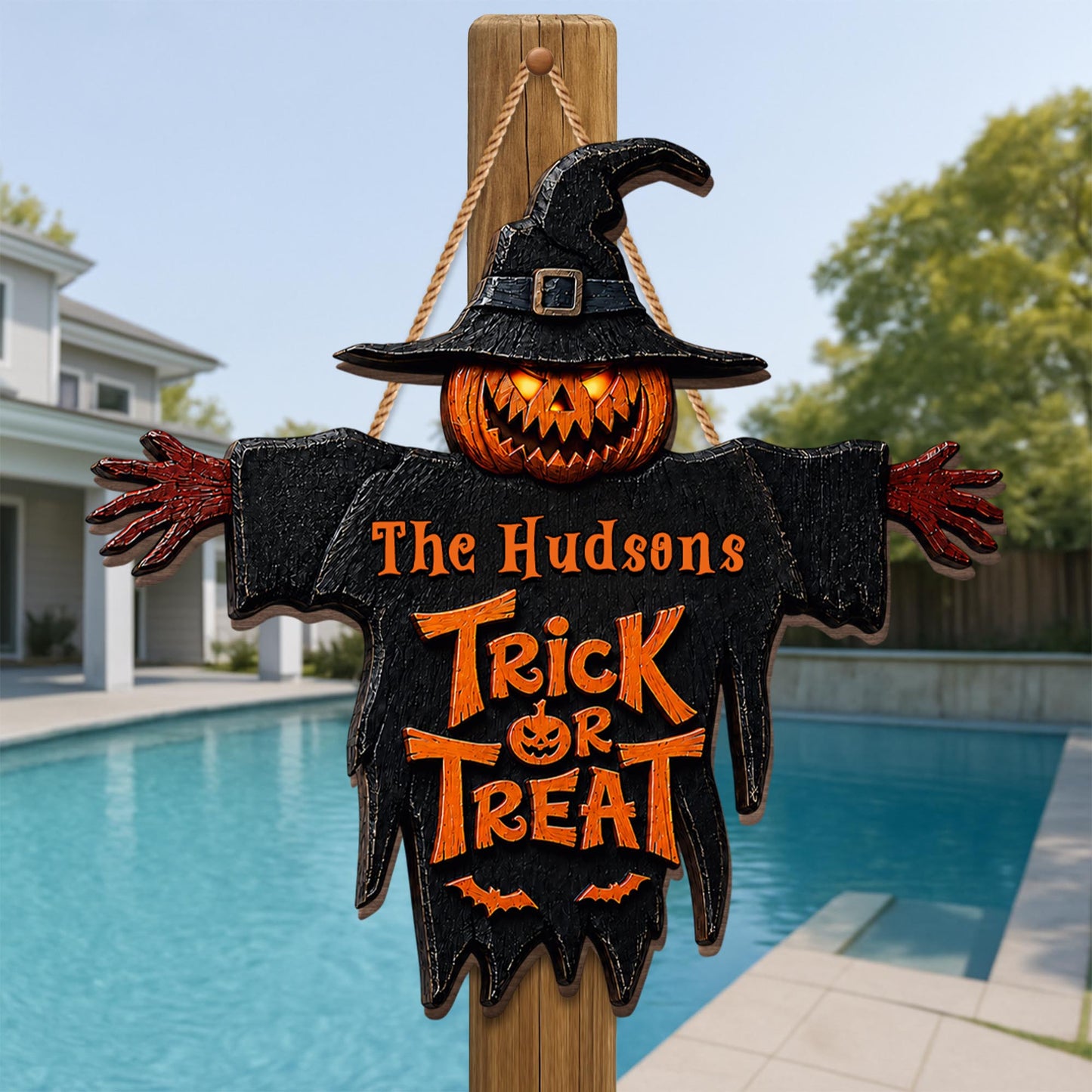 Trick Or Treat Scary Pumpkin Scarecrow With Witch Hat - Personalized Custom Shaped Wood Sign - HALW124_WSIGN
