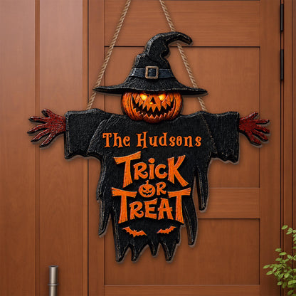 Trick Or Treat Scary Pumpkin Scarecrow With Witch Hat - Personalized Custom Shaped Wood Sign - HALW124_WSIGN