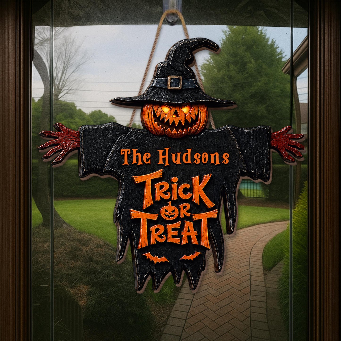Trick Or Treat Scary Pumpkin Scarecrow With Witch Hat - Personalized Custom Shaped Wood Sign - HALW124_WSIGN