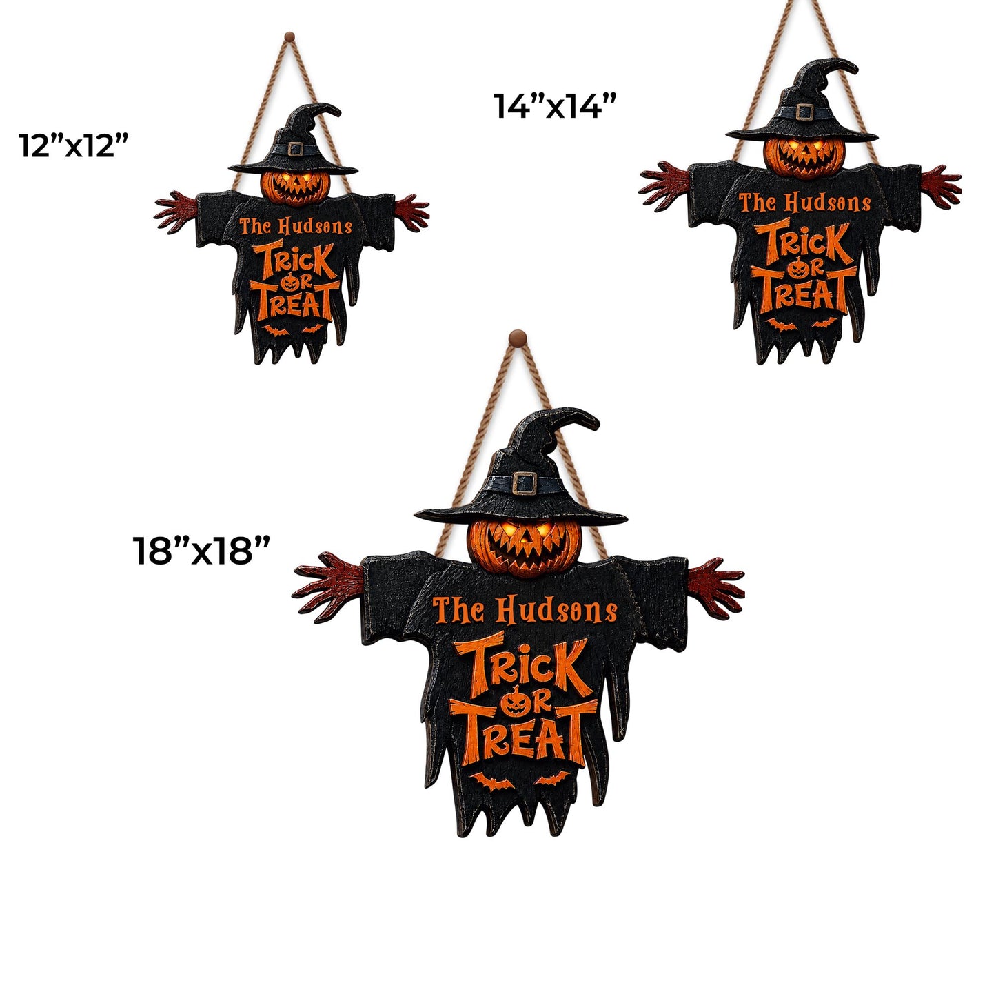 Trick Or Treat Scary Pumpkin Scarecrow With Witch Hat - Personalized Custom Shaped Wood Sign - HALW124_WSIGN