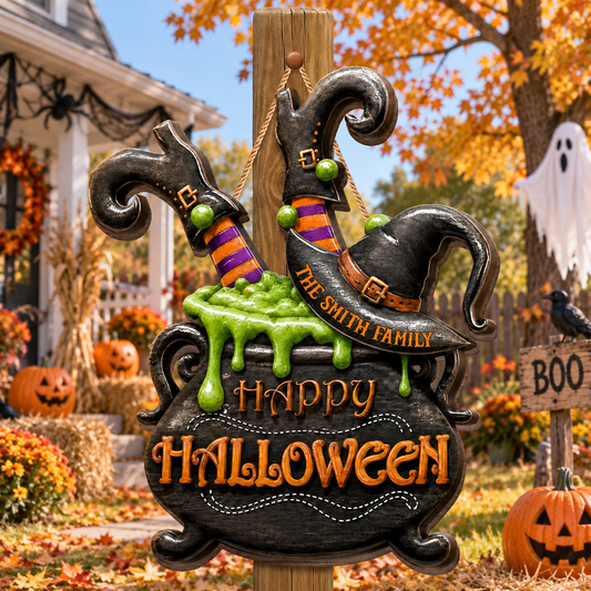 Happy Halloween Our Family Witch Cauldron And Boots - Personalized Custom Shaped Wood Sign - HALW130_WSIGN