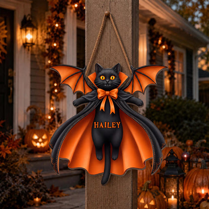 Vampire Cat Spooky Season Custom Name With Bat Wings And Cape - Personalized Custom Shaped Wood Sign - HALW137_WSIGN