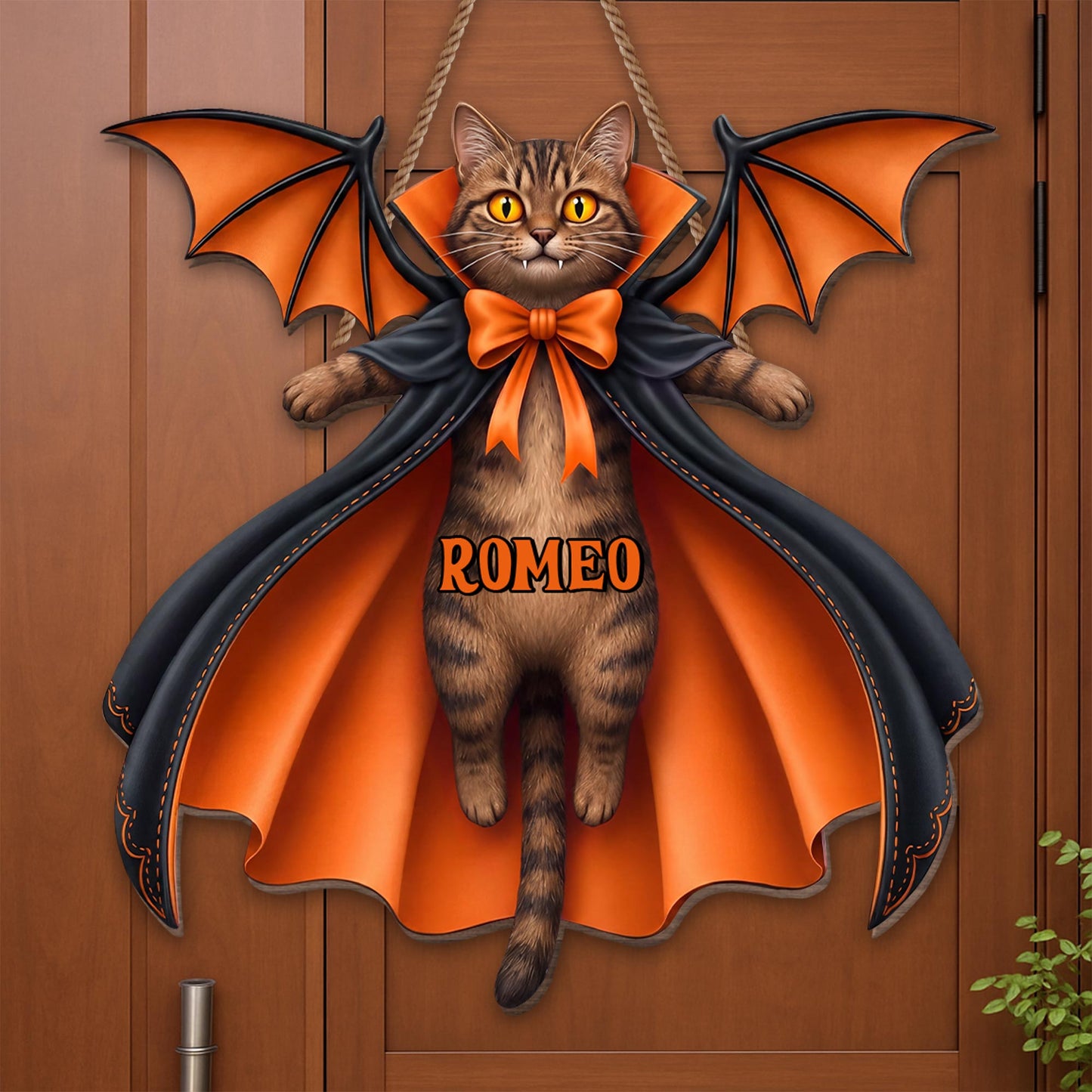 Vampire Cat Spooky Season Custom Name With Bat Wings And Cape - Personalized Custom Shaped Wood Sign - HALW137_WSIGN