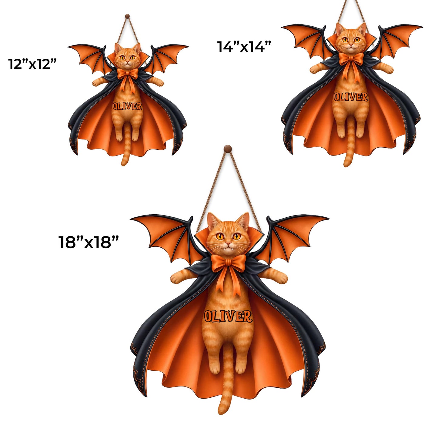 Vampire Cat Spooky Season Custom Name With Bat Wings And Cape - Personalized Custom Shaped Wood Sign - HALW137_WSIGN