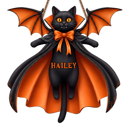 Vampire Cat Spooky Season Custom Name With Bat Wings And Cape - Personalized Custom Shaped Wood Sign - HALW137_WSIGN