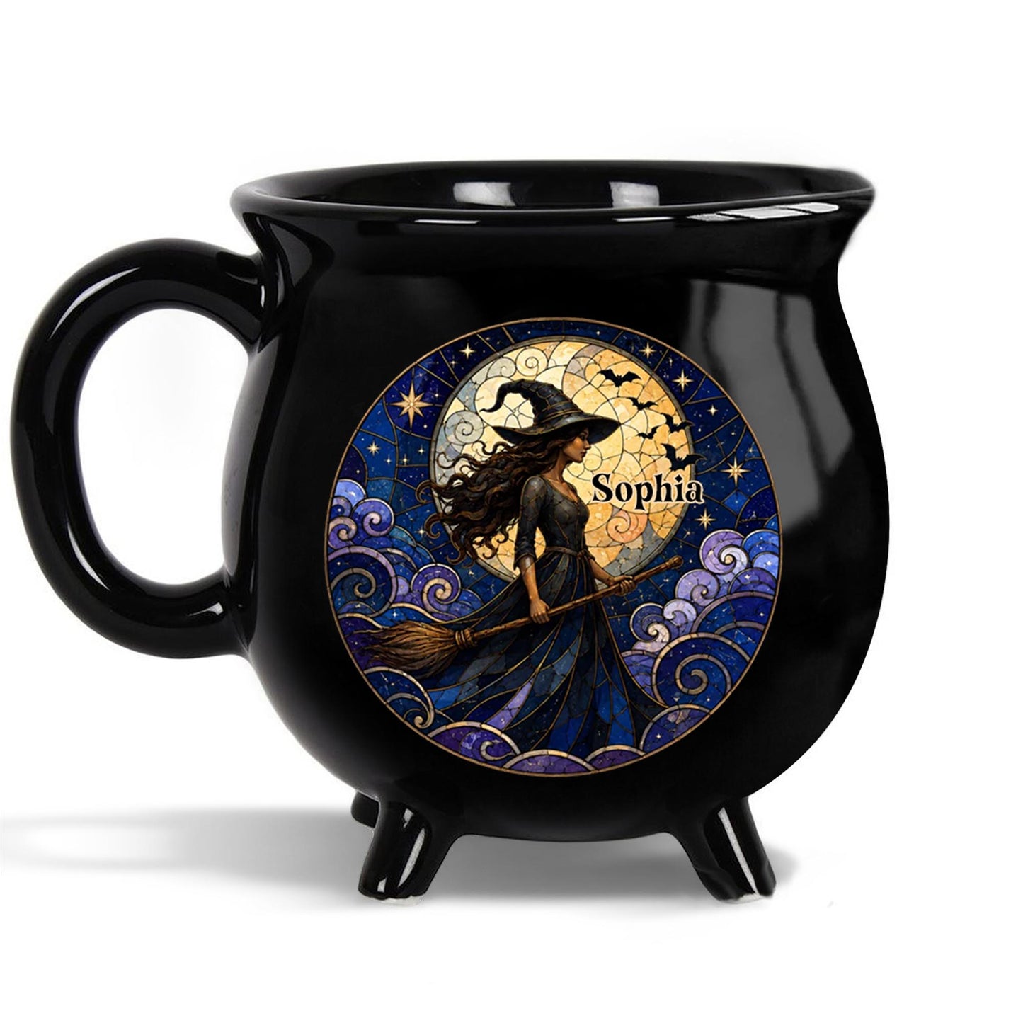A Mystical Witch Soaring Under Moon Stained Glass Art - Custom Ceramic Cauldron Coffee Mug - HALW150_CAUMUG