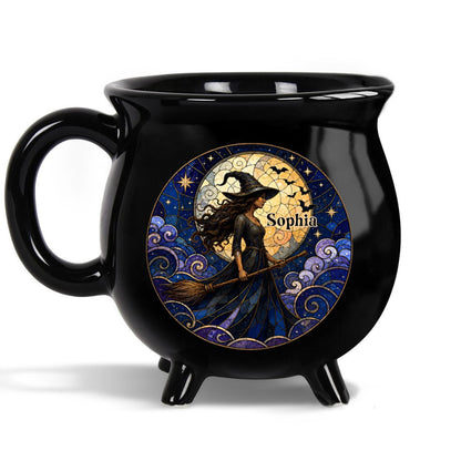 A Mystical Witch Soaring Under Moon Stained Glass Art - Custom Ceramic Cauldron Coffee Mug - HALW150_CAUMUG