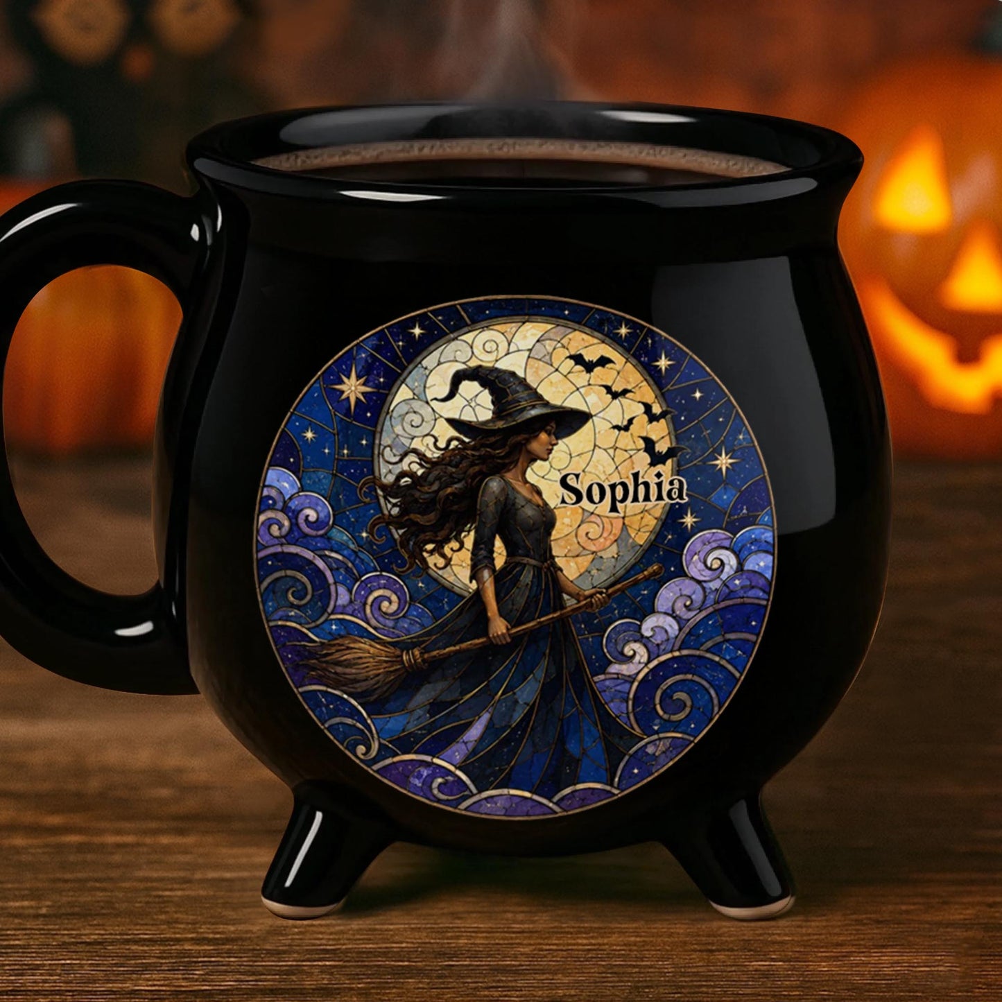 A Mystical Witch Soaring Under Moon Stained Glass Art - Custom Ceramic Cauldron Coffee Mug - HALW150_CAUMUG