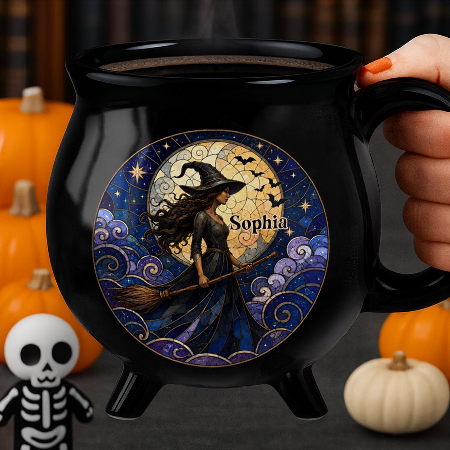 A Mystical Witch Soaring Under Moon Stained Glass Art - Custom Ceramic Cauldron Coffee Mug - HALW150_CAUMUG