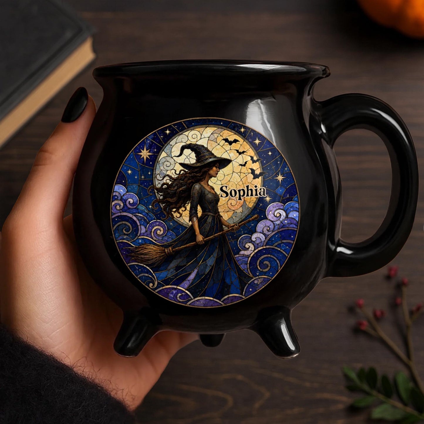 A Mystical Witch Soaring Under Moon Stained Glass Art - Custom Ceramic Cauldron Coffee Mug - HALW150_CAUMUG