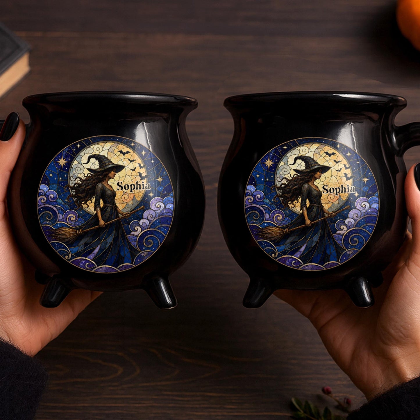 A Mystical Witch Soaring Under Moon Stained Glass Art - Custom Ceramic Cauldron Coffee Mug - HALW150_CAUMUG