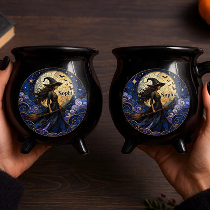 A Mystical Witch Soaring Under Moon Stained Glass Art - Custom Ceramic Cauldron Coffee Mug - HALW150_CAUMUG