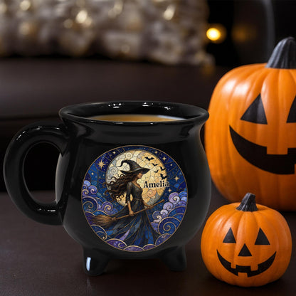 A Mystical Witch Soaring Under Moon Stained Glass Art - Custom Ceramic Cauldron Coffee Mug - HALW150_CAUMUG