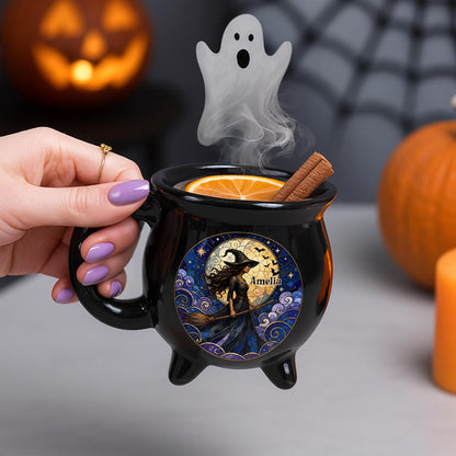 A Mystical Witch Soaring Under Moon Stained Glass Art - Custom Ceramic Cauldron Coffee Mug - HALW150_CAUMUG