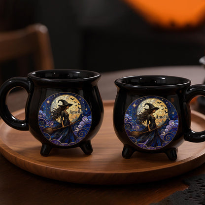A Mystical Witch Soaring Under Moon Stained Glass Art - Custom Ceramic Cauldron Coffee Mug - HALW150_CAUMUG