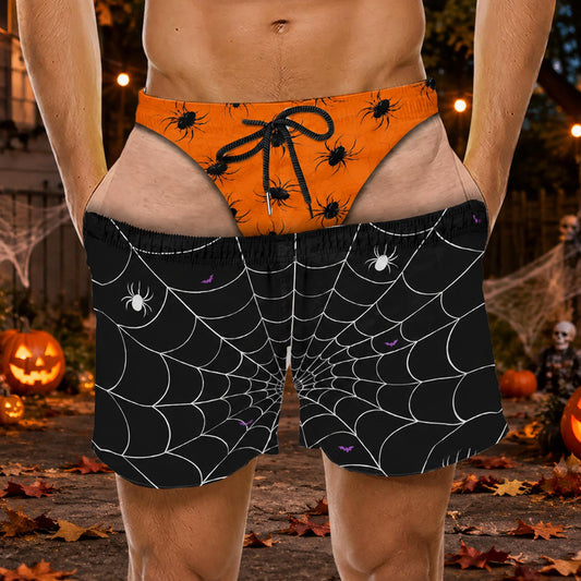 Spooky Vibes Creepy Spiders And Webs Funny Illusion Design - Personalized Men's Beach Shorts - HALW166_MEBES