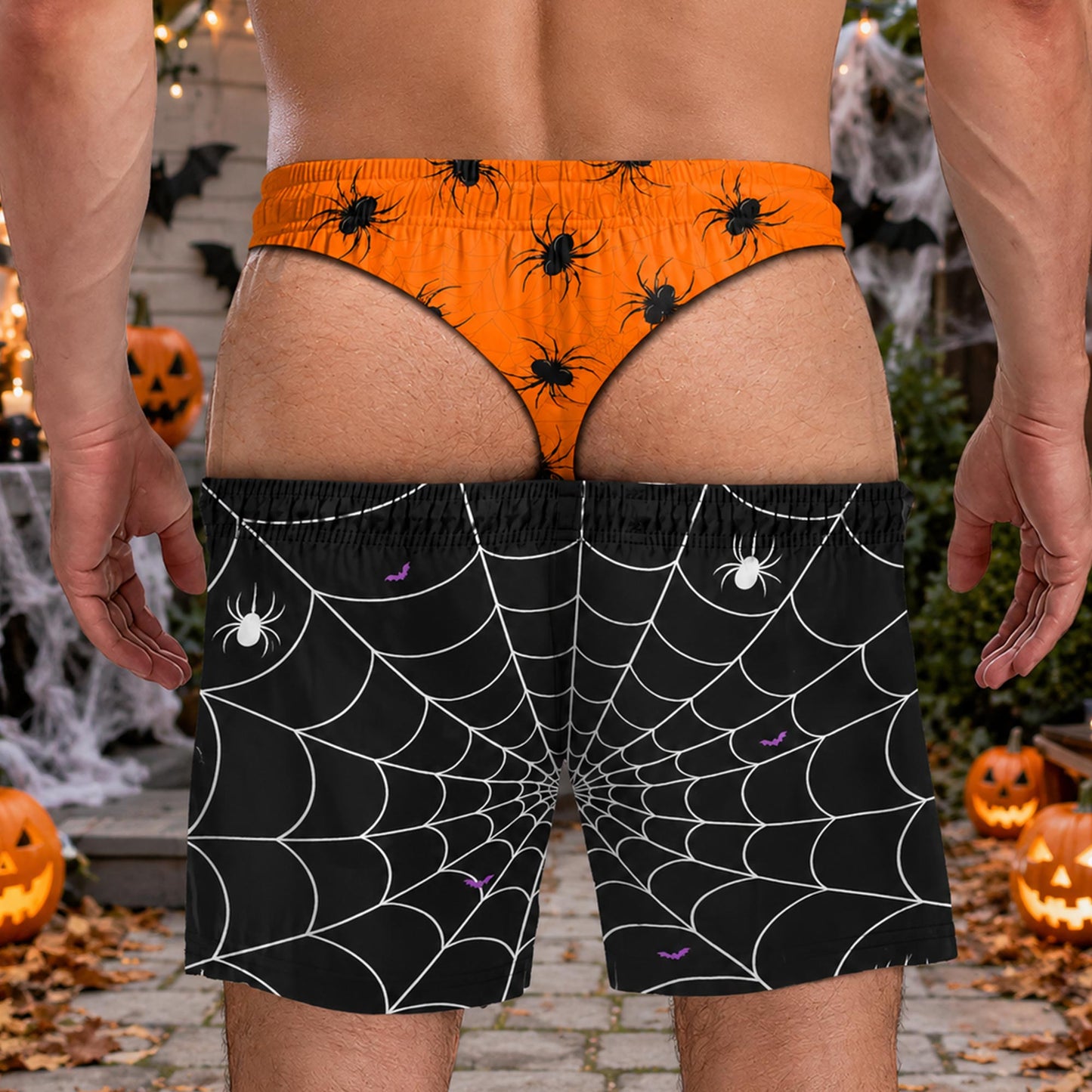 Spooky Vibes Creepy Spiders And Webs Funny Illusion Design - Personalized Men's Beach Shorts - HALW166_MEBES