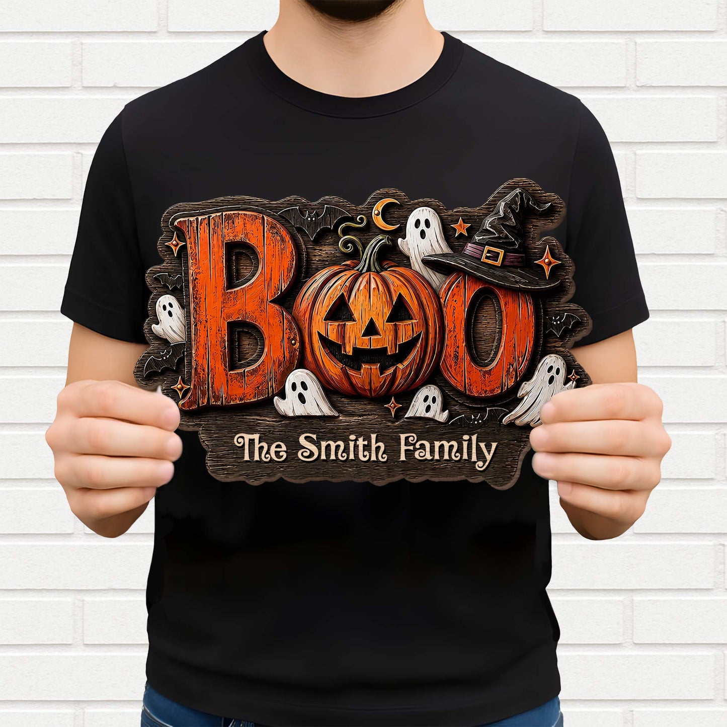 BOO Our Family Custom Pumpkin And Ghost Halloween Wood Sign - Personalized Custom Shaped Wood Sign - HALW168_WSIGN