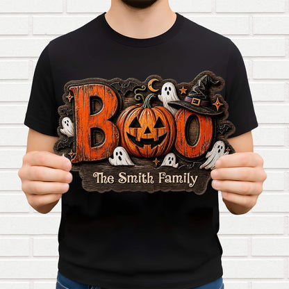 BOO Our Family Custom Pumpkin And Ghost Halloween Wood Sign - Personalized Custom Shaped Wood Sign - HALW168_WSIGN