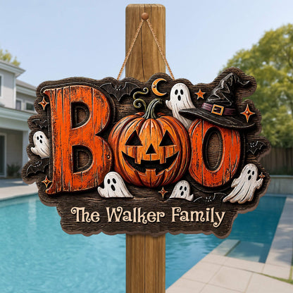 BOO Our Family Custom Pumpkin And Ghost Halloween Wood Sign - Personalized Custom Shaped Wood Sign - HALW168_WSIGN