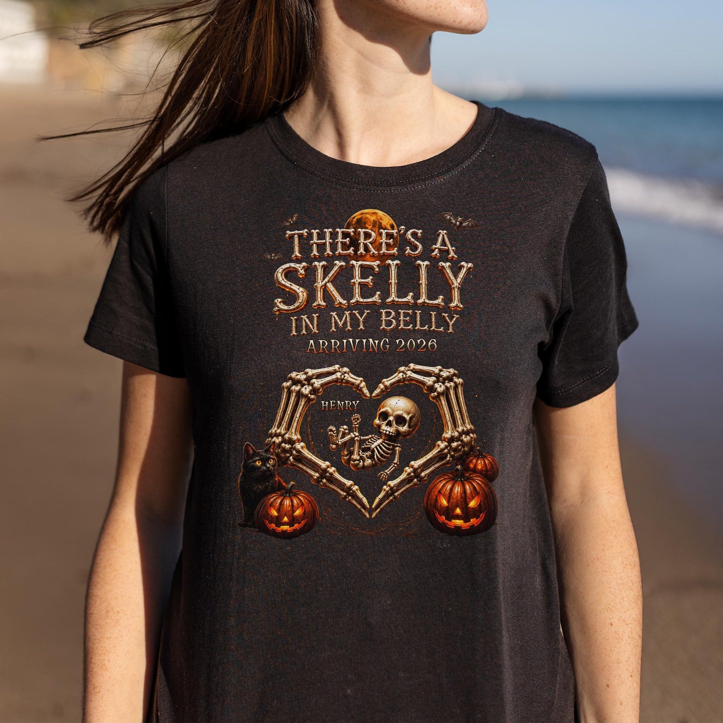 There's A Skelly In My Belly Skeleton Baby Halloween Pregnancy Announcement - Personalized Custom Unisex T-shirt, Hoodie - HALW175_BBAS