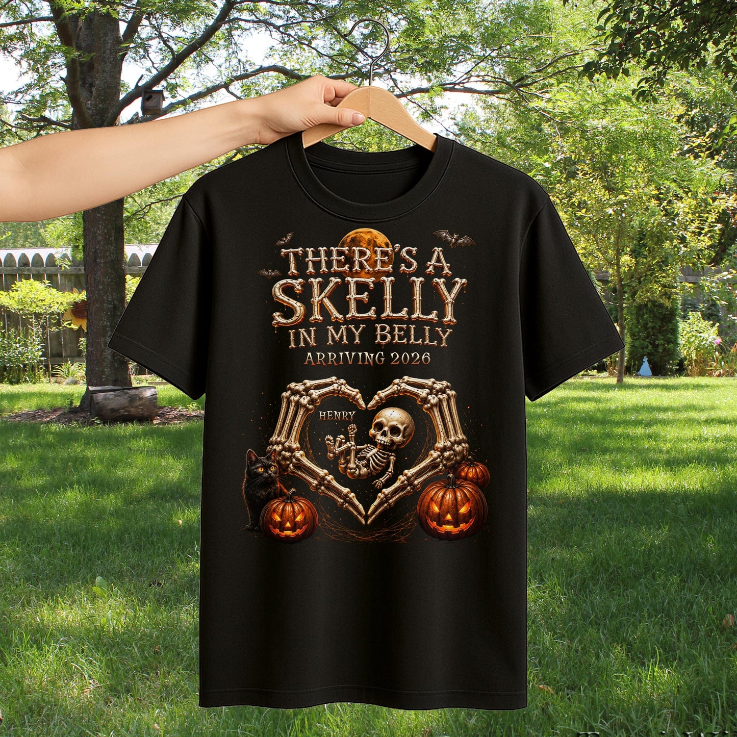 There's A Skelly In My Belly Skeleton Baby Halloween Pregnancy Announcement - Personalized Custom Unisex T-shirt, Hoodie - HALW175_BBAS