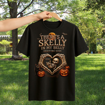 There's A Skelly In My Belly Skeleton Baby Halloween Pregnancy Announcement - Personalized Custom Unisex T-shirt, Hoodie - HALW175_BBAS