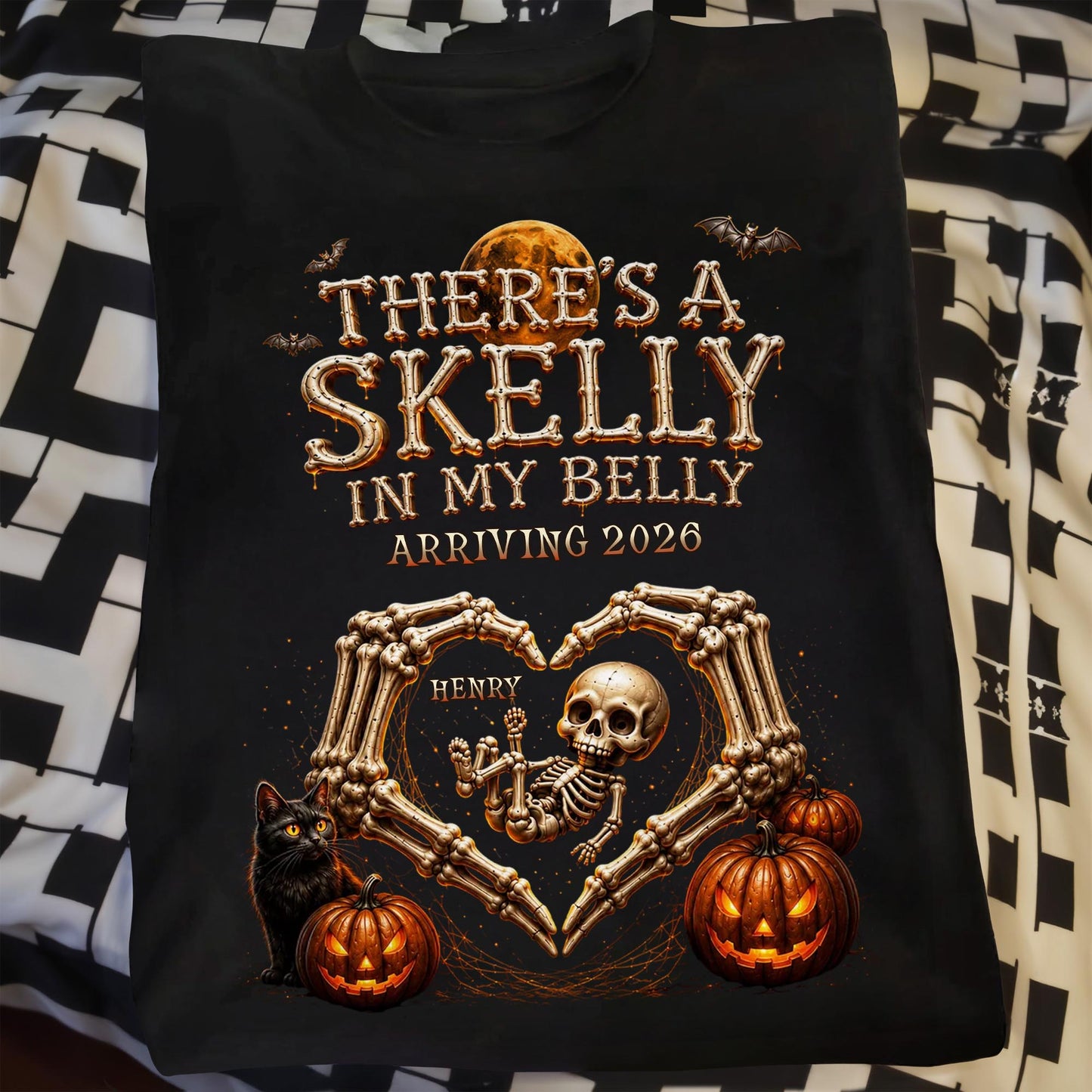 There's A Skelly In My Belly Skeleton Baby Halloween Pregnancy Announcement - Personalized Custom Unisex T-shirt, Hoodie - HALW175_BBAS