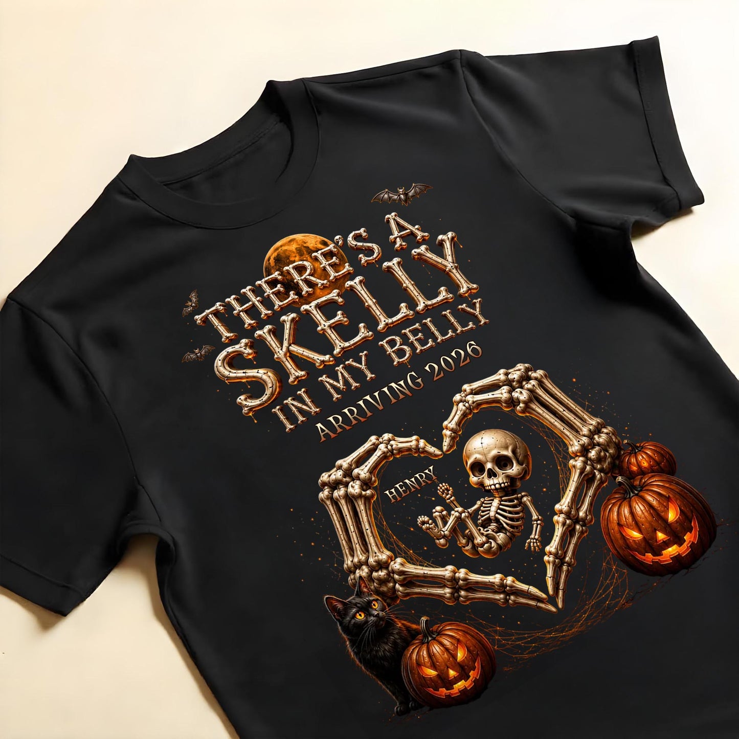There's A Skelly In My Belly Skeleton Baby Halloween Pregnancy Announcement - Personalized Custom Unisex T-shirt, Hoodie - HALW175_BBAS