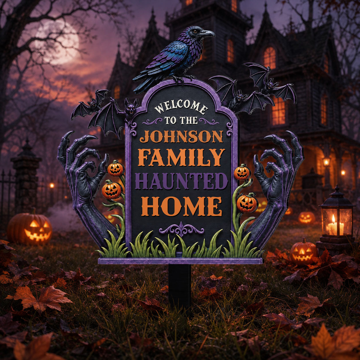 Welcome To Our Family Haunted House Raven Bats Zombie Hands - Personalized Metal Garden Stake - HALW177_MEGSTA