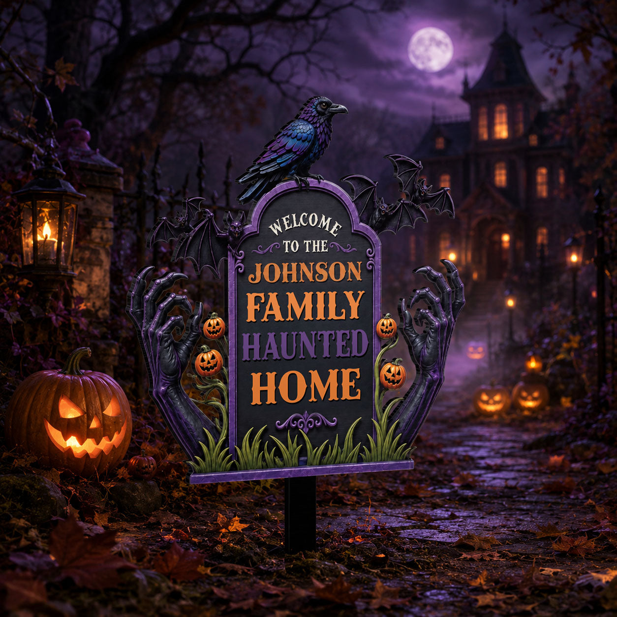 Welcome To Our Family Haunted House Raven Bats Zombie Hands - Personalized Metal Garden Stake - HALW177_MEGSTA