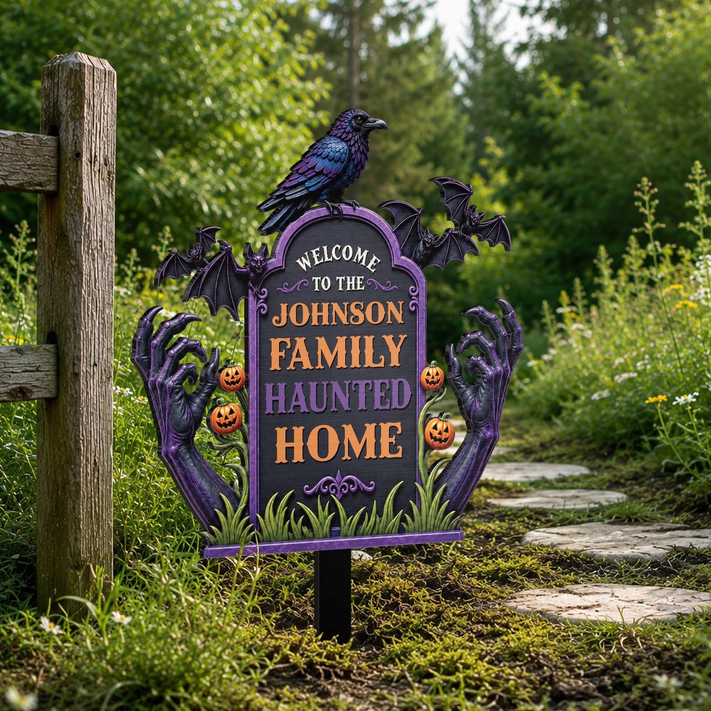 Welcome To Our Family Haunted House Raven Bats Zombie Hands - Personalized Metal Garden Stake - HALW177_MEGSTA