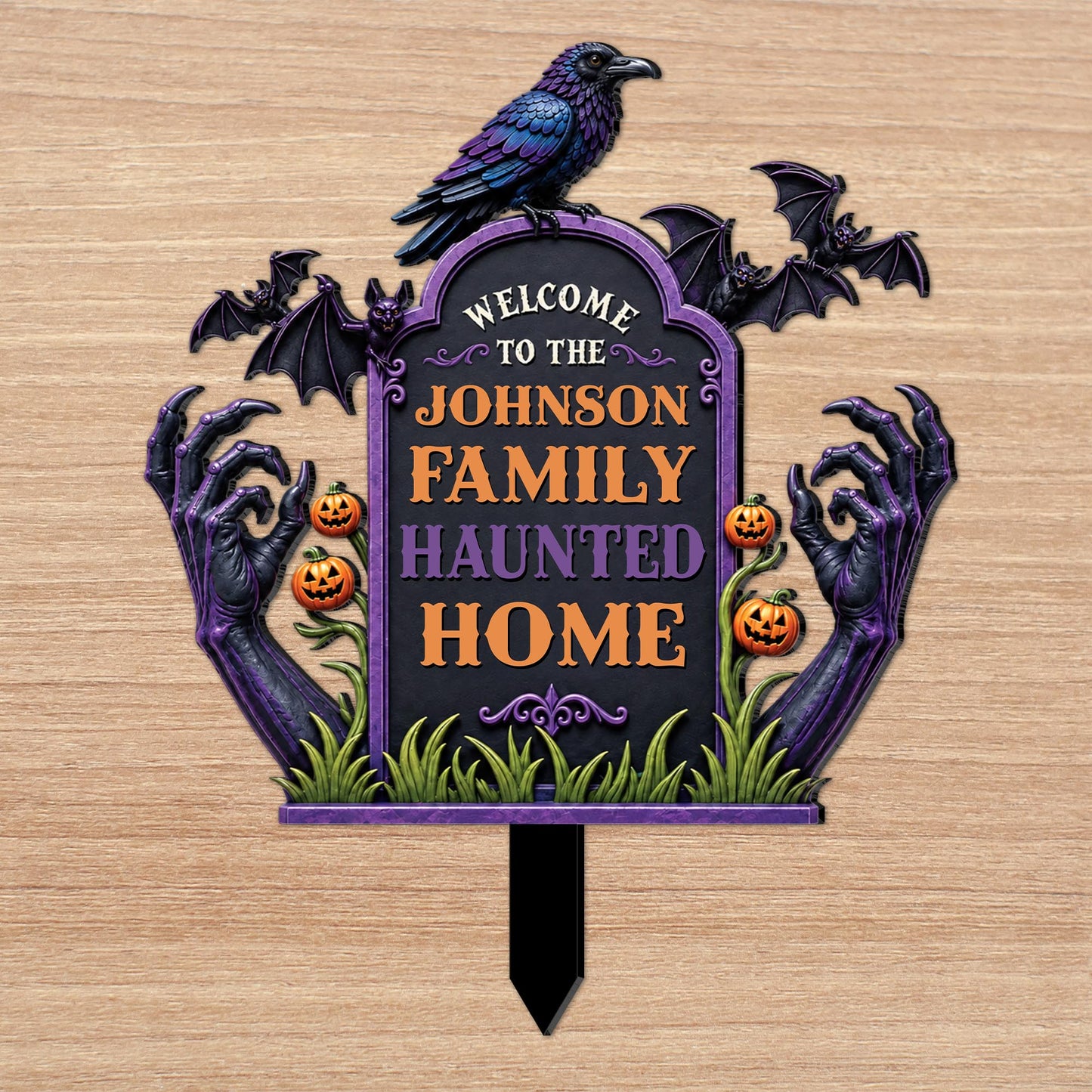 Welcome To Our Family Haunted House Raven Bats Zombie Hands - Personalized Metal Garden Stake - HALW177_MEGSTA