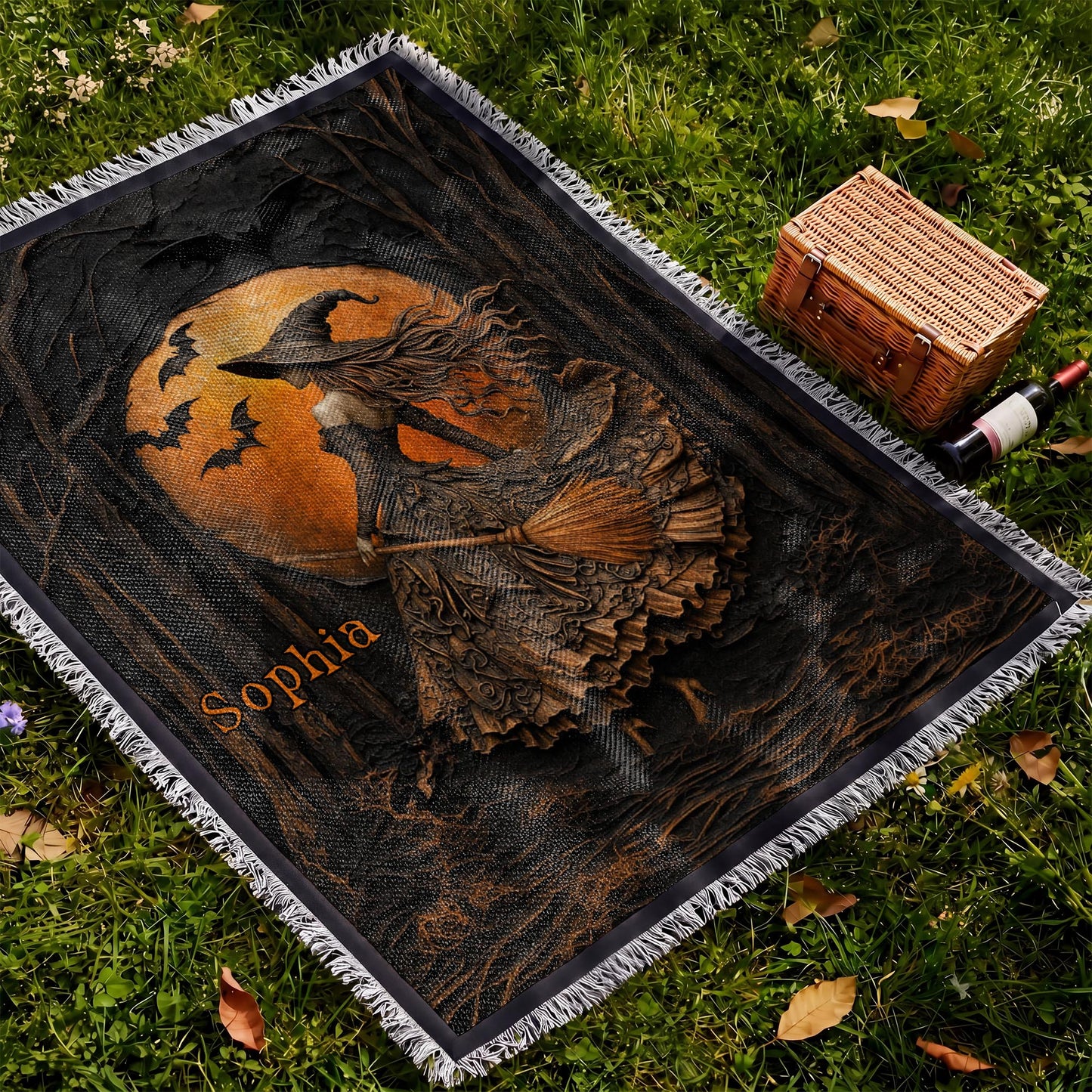 Mystical Witch Soaring Through The Moonlit Forest With Bats And Broomstick - Personalized Woven Blanket - HALW178_WOBLK