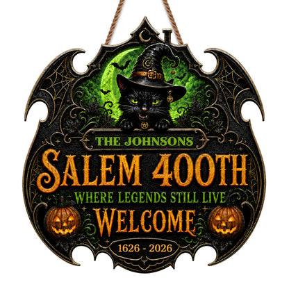 Salem Where Legends Still Live Welcome Black Cat And Pumpkin - Personalized Custom Shaped Wood Sign - HALW180_WSIGN