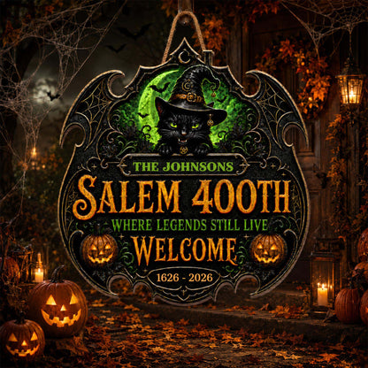 Salem Where Legends Still Live Welcome Black Cat And Pumpkin - Personalized Custom Shaped Wood Sign - HALW180_WSIGN