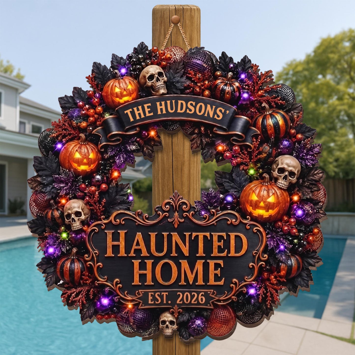 Haunted Home Halloween Wreath With Pumpkins And Skulls - Personalized Custom Shaped Wood Sign - HALW186_WSIGN