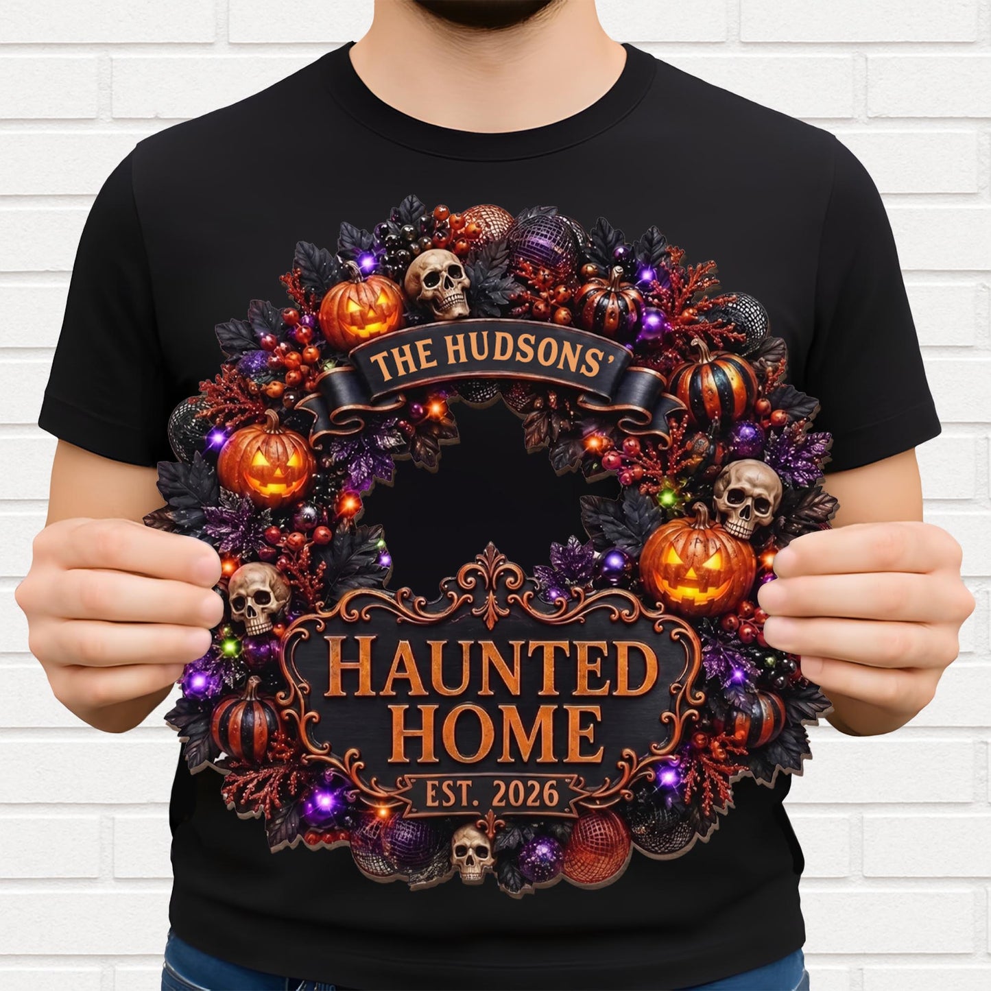 Haunted Home Halloween Wreath With Pumpkins And Skulls - Personalized Custom Shaped Wood Sign - HALW186_WSIGN