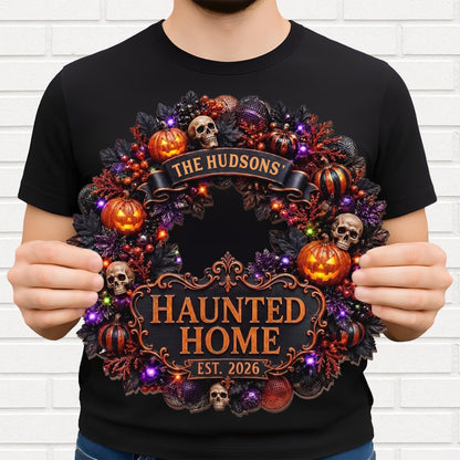 Haunted Home Halloween Wreath With Pumpkins And Skulls - Personalized Custom Shaped Wood Sign - HALW186_WSIGN