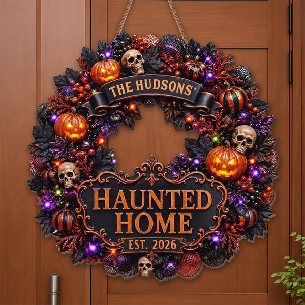 Haunted Home Halloween Wreath With Pumpkins And Skulls - Personalized Custom Shaped Wood Sign - HALW186_WSIGN